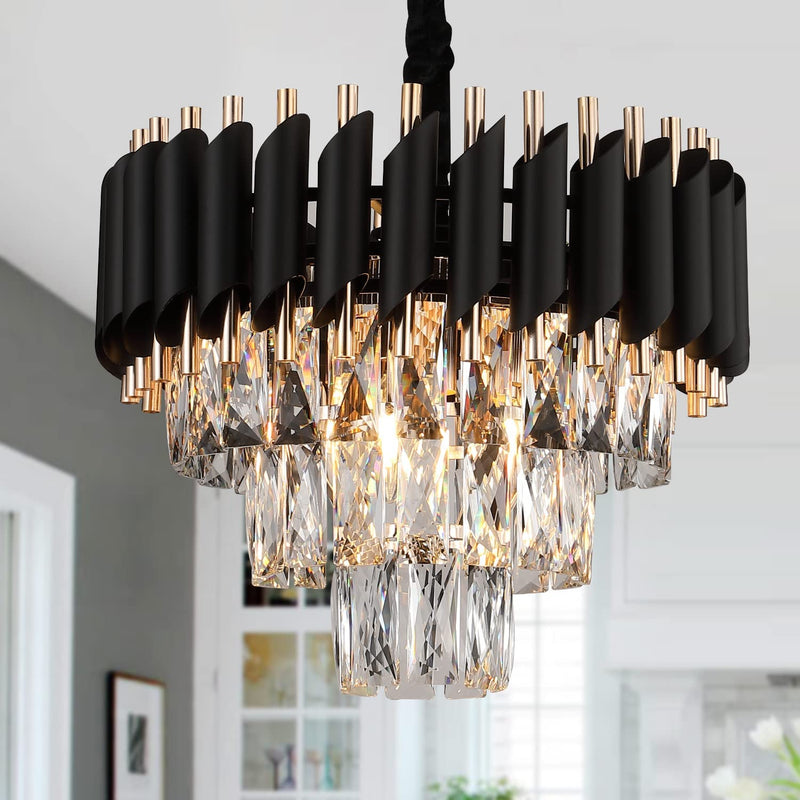 Modern Crystal Chandeliers 3 Tiers Black and Gold Pendant Light Fixtures 16” Round Flush Mount Chandeliers