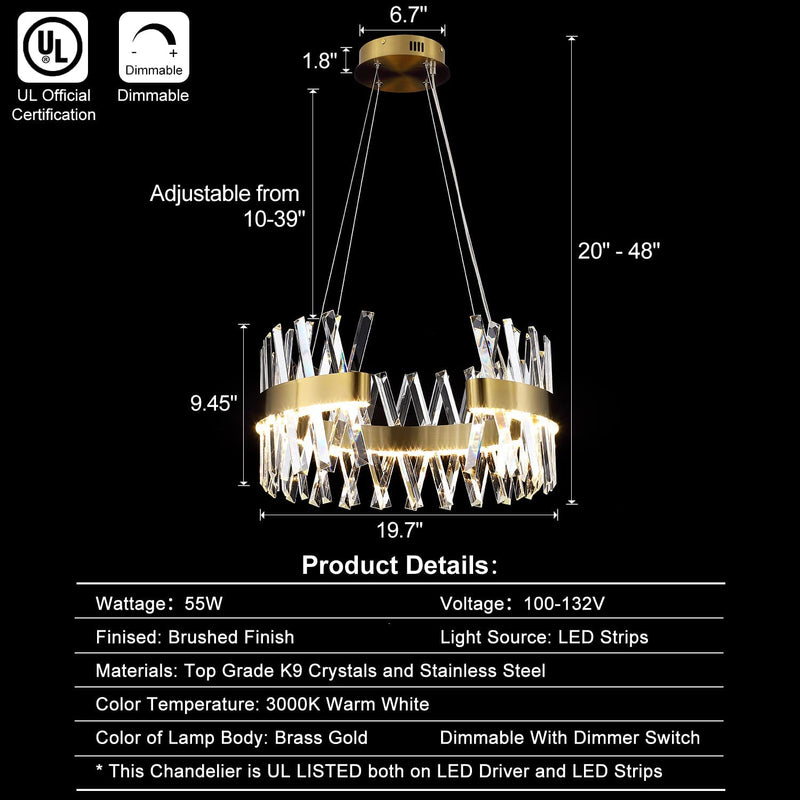 Modern Crystal Chandelier Gold Chandelier 20”LED Round Hanging Pendant Light Dimmable Flush Mount Ceiling Light Fixture