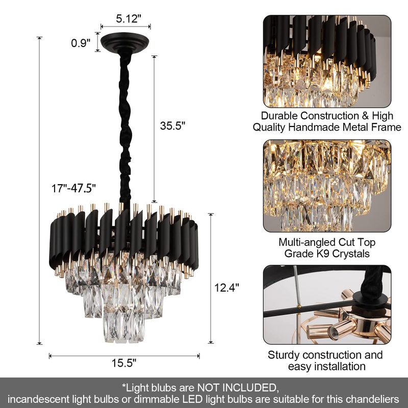 Modern Crystal Chandeliers 3 Tiers Black and Gold Pendant Light Fixtures 16” Round Flush Mount Chandeliers