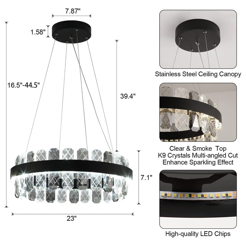 Modern LED Chandelier, Crystal 1 Ring Pendant Light Dimmable 23" Flush Mount Chandeliers