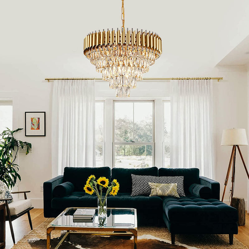 Modern Crystal Chandelier Gold, 24" Round Chandeliers for Dining Room