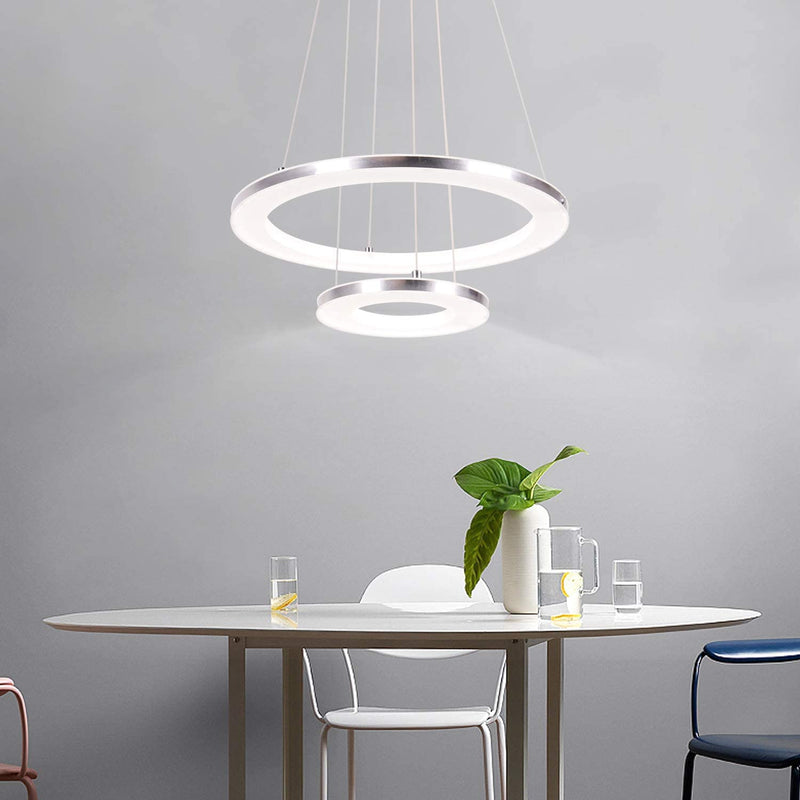 Modern LED Pendant Light with Acrylic Shade 2-Ring 30W Cool White 6500K Ceiling Light 2400LM Chandelier