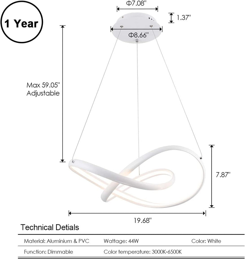 Modern Pendant Light, Dimmable LED 3-Leaves Irregular Ring Chandeliers 59 inch 44W 3080LM with Remote Control