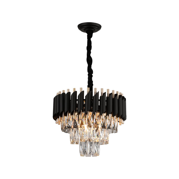 Modern Crystal Chandeliers 3 Tiers Black and Gold Pendant Light Fixtures 16” Round Flush Mount Chandeliers