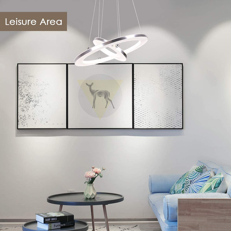 Modern LED Pendant Light with Acrylic Shade 2-Ring 30W Cool White 6500K Ceiling Light 2400LM Chandelier