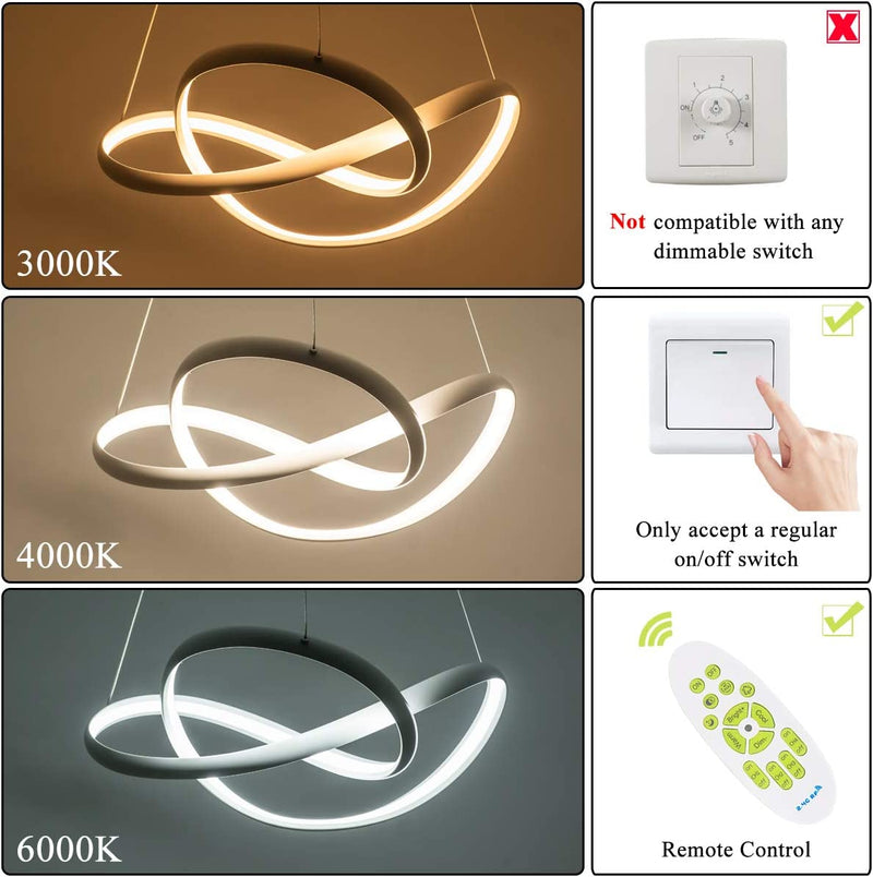 Modern Pendant Light, Dimmable LED 3-Leaves Irregular Ring Chandeliers 59 inch 44W 3080LM with Remote Control