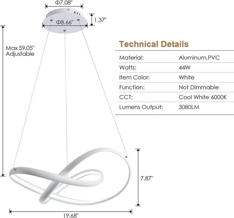 Modern LED Pendant Light, 44W 3080LM Contemporary Chic 3-Leaves Irregular Ring Chandelier