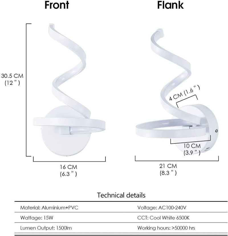 LED Wall Sconce Lighting Spiral Wall Sconces White Contemporary 15W Daylight White 6500K Indoor Decor