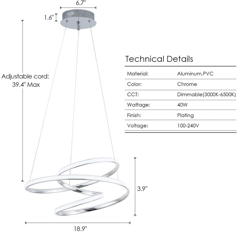 Modern Pendant Light with Irregular Ring Lights CHYING Dimmable 3000K-6500K 40W LED Adjustable Chandelier 39.4 inch Ceiling Light Fixture