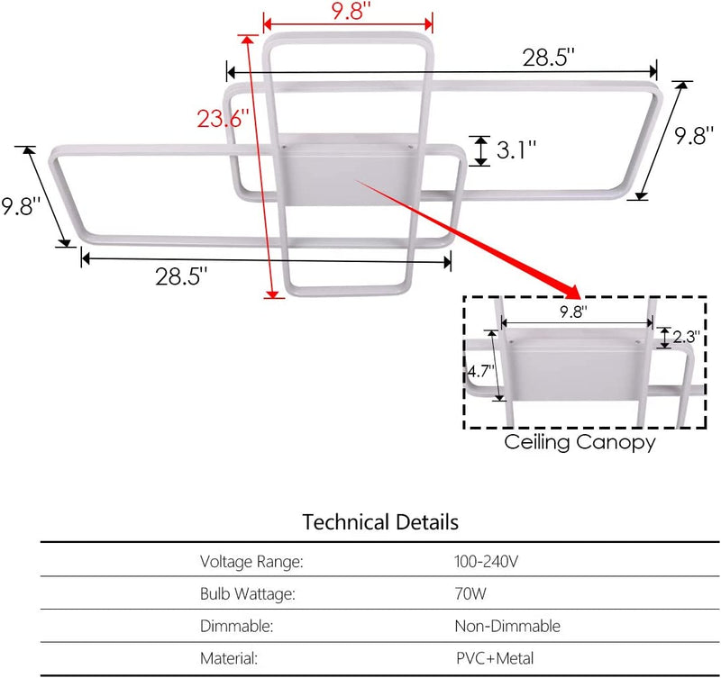 Modern LED Ceiling Light 41'' 60W 3-Square Flush Mount Ceiling Light