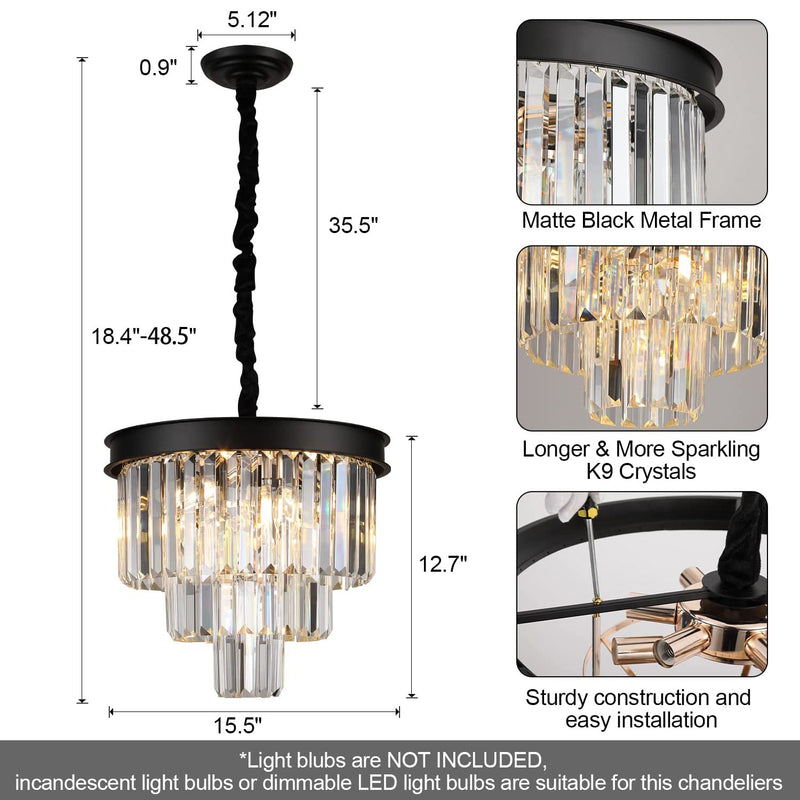 Modern Crystal Chandeliers 16” Black Ceiling Pendant Light Fixture