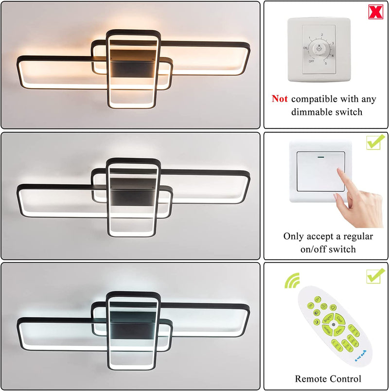 Modern LED Ceiling Light with Remote Control 3 Squares Dimmable Ceiling Lamp Chandelier 50W Flush Mount Ceiling Lights