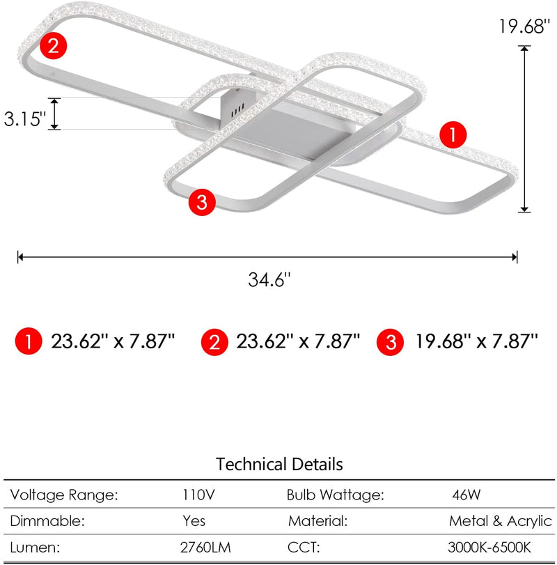 Modern LED Ceiling Light with Crystal Shape 46W Dimmable Flush Mount LED Ceiling Light with Remote Control