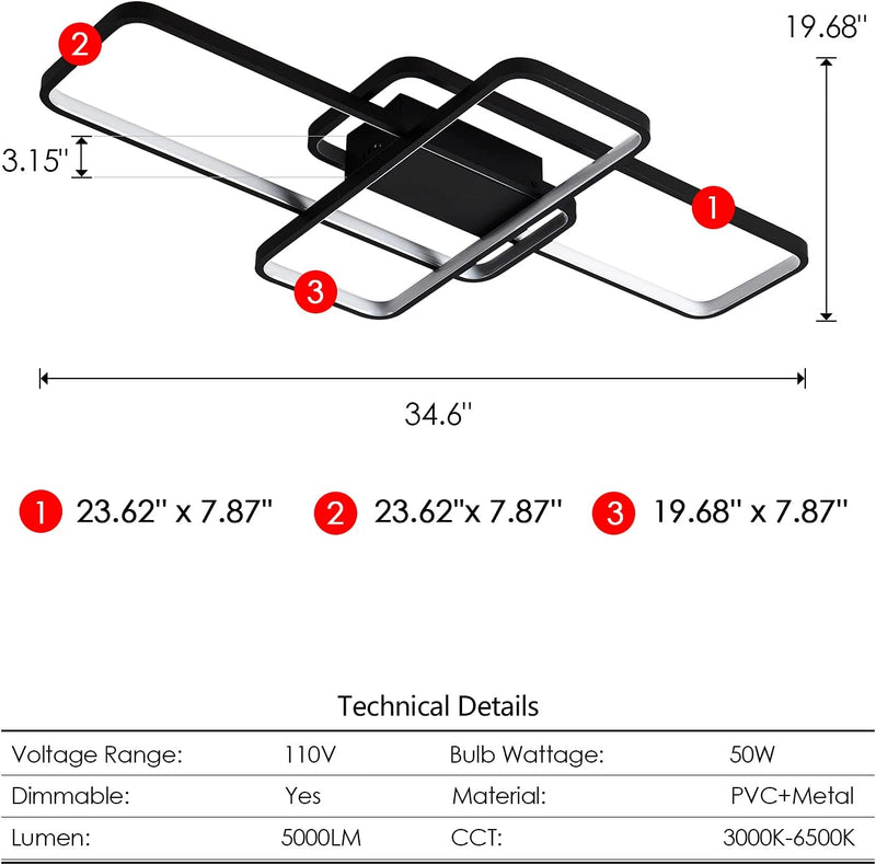 Modern LED Ceiling Light with Remote Control 3 Squares Dimmable Ceiling Lamp Chandelier 50W Flush Mount Ceiling Lights