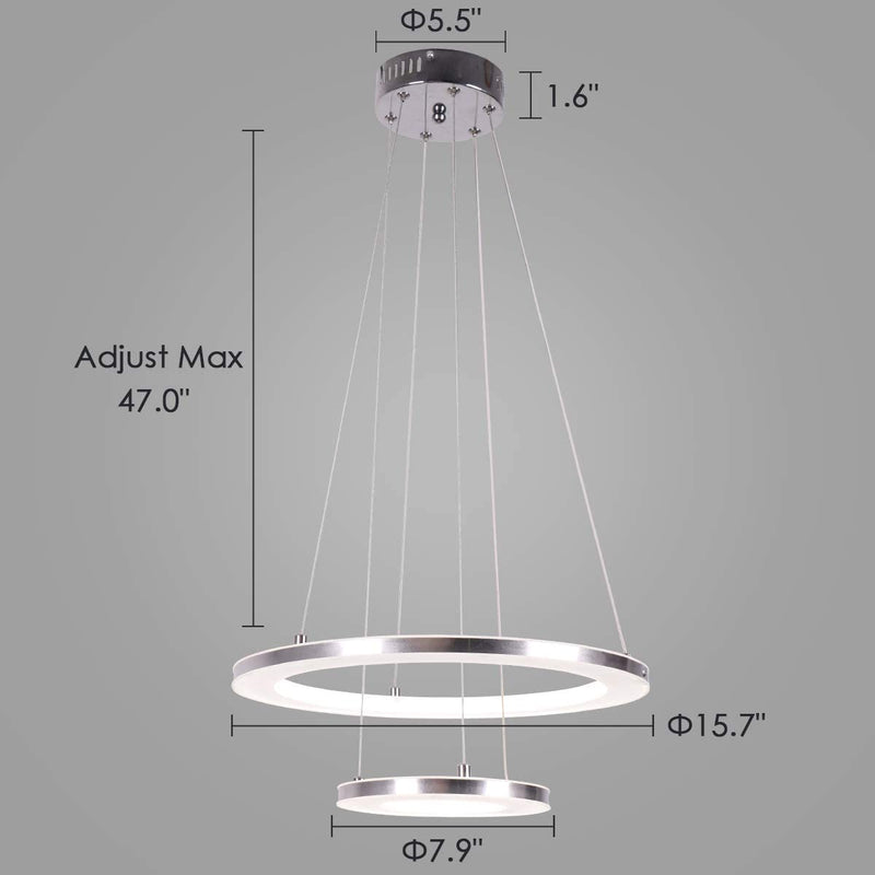 Modern LED Pendant Light with Acrylic Shade 2-Ring 30W Cool White 6500K Ceiling Light 2400LM Chandelier