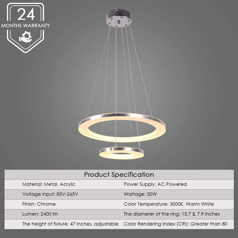 Modern Pendant Lighting, CHYING Acrylic 2-Ring 30W LED Hanging Lights Dimmable Ceiling Light Chandeliers