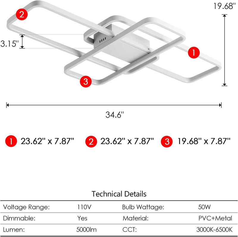 Modern LED Ceiling Light with Remote Control 3 Squares Dimmable Ceiling Lamp Chandelier