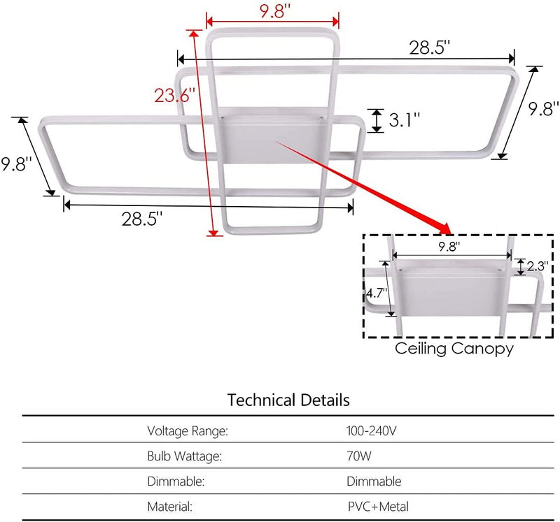 Modern LED Ceiling Light with Remote Control 60W 41'' Dimmable 3-Square Flush Mount Ceiling Light White LED Ceiling Lamps