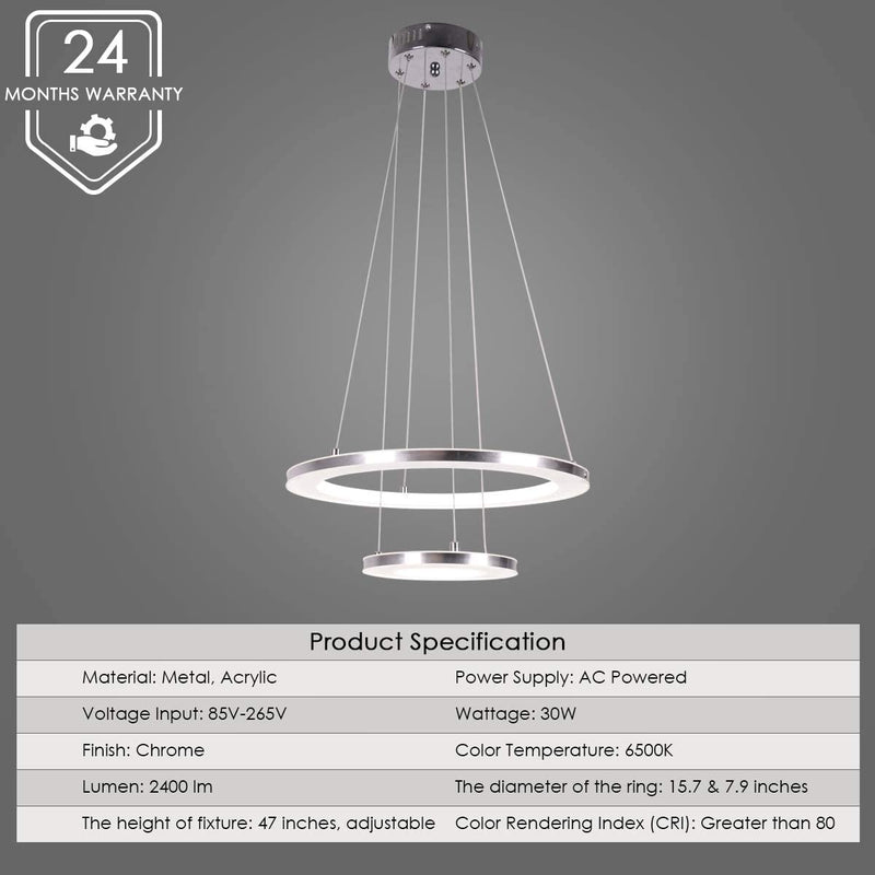 Modern LED Pendant Light with Acrylic Shade 2-Ring 30W Cool White 6500K Ceiling Light 2400LM Chandelier