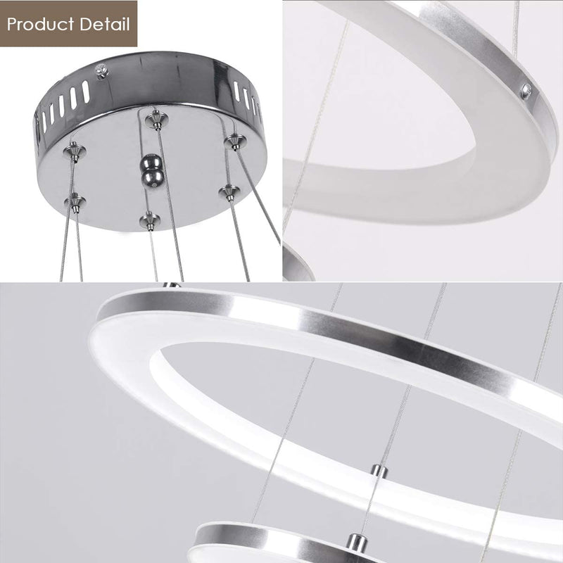 Modern LED Pendant Light with Acrylic Shade 2-Ring 30W Cool White 6500K Ceiling Light 2400LM Chandelier