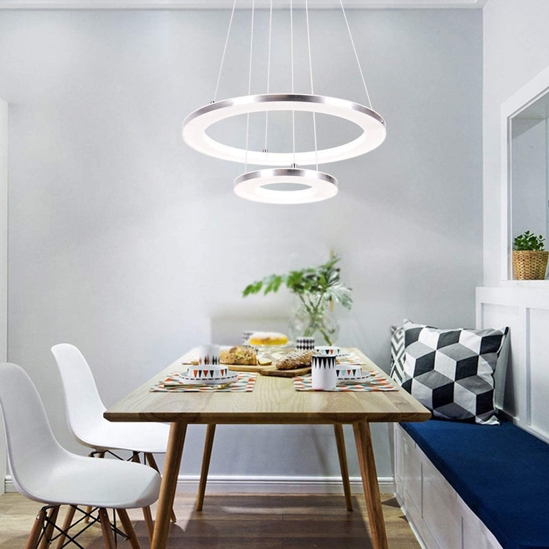 Modern LED Pendant Light with Acrylic Shade 2-Ring 30W Cool White 6500K Ceiling Light 2400LM Chandelier